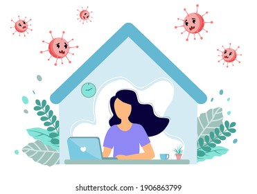 Self-quarantine concept. Stay at home during the coronavirus epidemic. Prevent infection spreading.  Female working on laptop. Health care concept. Vector illustration in flat style