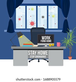 Self-quarantine concept. Work at home during an outbreak of the COVID-19 virus. Coronavirus quarantine preventive measures. Prevent infection spreading. Vector illustration