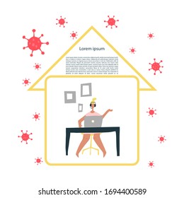 Self-quarantine concept. Work at home during an outbreak of the COVID-19 virus. Coronavirus quarantine preventive measures. Person  communicates via the Internet. Vector illustration