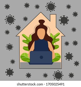 Self-quarantine concept. Work at home during an outbreak of the COVID-19 virus. Lockdown. People stay home. Coronavirus quarantine preventive measures. Prevent the spread of infection. Vector 