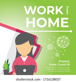 Self-quarantine concept. Work from home during an outbreak of the COVID-19 virus. Work from home, protect and preventing from corona virus poster design.