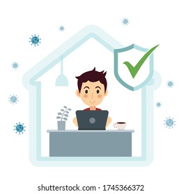 Self-quarantine concept. Work at home during an outbreak of the COVID-19 virus. Man working on laptop. Vector illustration.