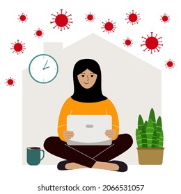 Self-quarantine concept. Work from home during a virus outbreak. A woman in a black headscarf sits at home and works at a laptop. Vector flat illustration