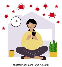 Self-quarantine concept. Work from home during a virus outbreak. The woman working on a mobile phone