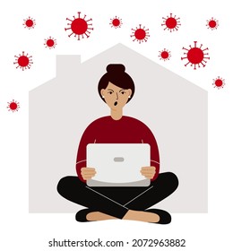 Self-quarantine concept. Work from home during a virus outbreak. The person working on a laptop. Angry, aggressive, depressed. Vector flat illustration