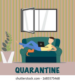Self-quarantine concept.Lockdown.Work at home during an outbreak of the COVID-19 virus. Coronavirus quarantine preventive measures. Prevent the spread of infection. man works through a laptop. vector 
