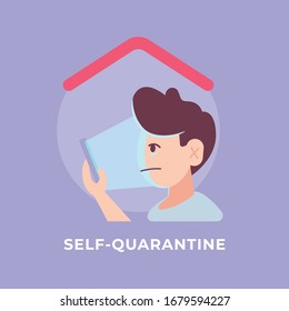 Self-Quarantine. Man on phone. Coronavirus COVID-19 Vector Illustration. EPS 10