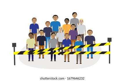 Self-quarantine. Social distancing, Home quarantine, Covid-19, coronavirus. Crowd of people and a man isolated at home. Vector stock illustration, banner, poster