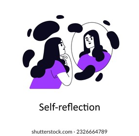 Self-reflection, analysis, mental health and psychology concept. Person reflecting, thinking in front of mirror. Reflective thoughtful woman. Flat vector illustration isolated on white background