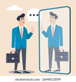 Self-reflection, A businessman seeking confidence in the mirror. Metaphorical depiction of career, personal growth, and achieving goals.
