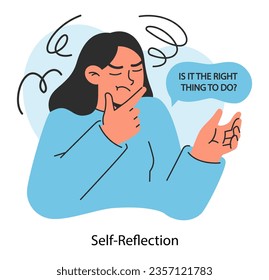 Self-reflection. Emotional intelligence and consciousness. Deep understanding and acceptance of own personality. Positive and negative qualities awareness. Flat vector illustration