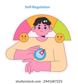 Self-Regulation concept. Person with emotional spectrum and compass, mastering self-control and emotional management. Balance in temperament. Vector illustration.