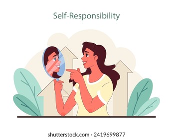 Self-Responsibility concept. A person examines their reflection, symbolizing introspection and growth in personal ethics. Flat vector illustration.