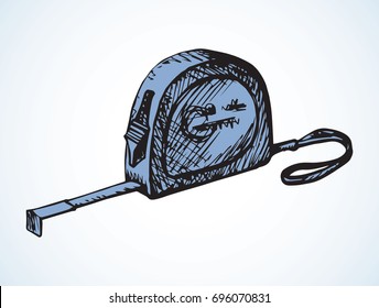 Self-retracting metro roll-up strip reel on white backdrop. Freehand outline black ink hand drawn picture logo sketchy in retro art scribble style pen on paper. Closeup side view with space for text
