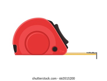 Self-retracting tape measure. Red ruler. Vector flat icon.