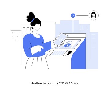 Self-service bank terminal abstract concept vector illustration. Woman transfers money with terminal, desk free branch, funds remittance, bill payments, brick and mortar bank abstract metaphor.