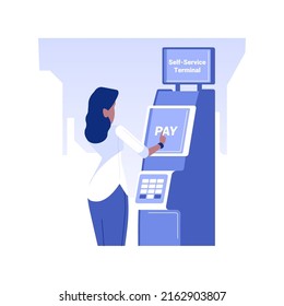 Self-service bank terminal isolated concept vector illustration. Woman transfers money with terminal, desk free branch, funds remittance, bill payments, brick and mortar bank vector concept.