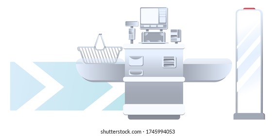 Self-service cash machine, checkout in supermarket and shop. Purchase of products without a queue. Shoplifting security system with anti-theft sensor. Vector, illustration isolated on white background