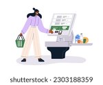 Self-service cashier, checkout terminal in grocery store. Customer buying, paying for goods at kiosk, machine with screen and scanner at shop. Flat vector illustration isolated on white background