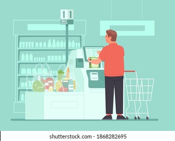 Self-service cashier in the supermarket. A man customer rings up groceries at a self-checkout terminals at a grocery store. Vector illustration in flat style