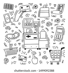 Self-service Cashier Or Terminal Doodle Style. Vector Set On 'Self Checkout' Shop Cashier Outline. Self Service Cash Desk With Cash Machine, Money Bill, Plastic Card,  Check, Hand With Card