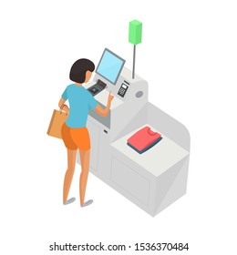 Self-service cashier or terminal isometric  model. Woman customer is paying at the self-service counter using the touchscreen display. Self-service checkout vector concept