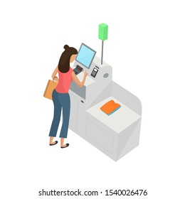 Self-service cashier or terminal isometric  model. Woman customer is paying at the self-service counter using the touchscreen display. Self-service checkout vector concept