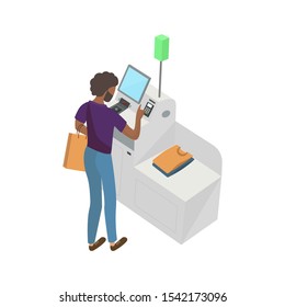 Self-service cashier or terminal isometric  model. African American man customer is paying at the self-service counter using the touchscreen display. Self-service checkout vector concept