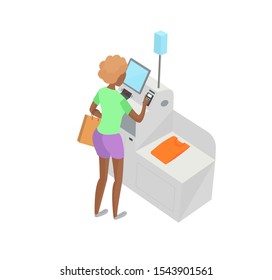 Self-service cashier or terminal isometric  model. Young African American woman customer is paying at the self-service counter using the touchscreen display. Self-service checkout vector concept