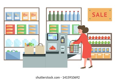 Self-service cashier or terminal. Woman customer shopping in self checkout supermarket. Vector colourful flat illustration.