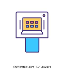 Self-service check-in kiosk RGB color icon. Airport checkpoint. Check-in process. Flight information confirmation. Printing boarding pass, bag tag. Getting e-ticket. Isolated vector illustration