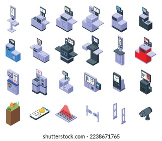 Self-service at the checkout icons set isometric vector. Supermarket cash. Scan terminal