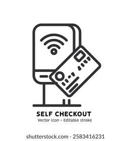 Self-service checkout line icon. Supermarket, grocery store with automated self-checkout terminal. Contactless payment, cashless paying, checkout self service flat outline icon. Editable stroke