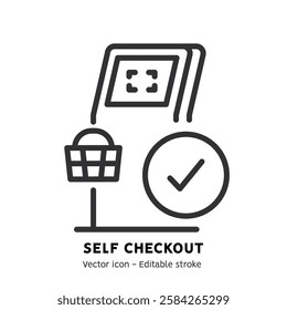 Self-service checkout line icon. Supermarket, grocery store with automated self-checkout terminal. Contactless payment, cashless paying, checkout self service flat outline icon. Editable stroke