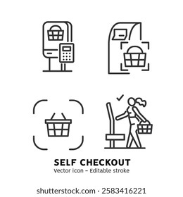 Self-service checkout line icons set. Supermarket, grocery store with automated self-checkout terminal. Contactless payment, cashless paying, checkout self service flat outline icons. Editable stroke