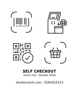 Self-service checkout line icons set. Supermarket, grocery store with automated self-checkout terminal. Contactless payment, cashless paying, checkout self service flat outline icons. Editable stroke