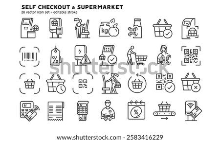 Self-service checkout line icons set. Supermarket, grocery store with automated self-checkout terminal. Contactless payment, cashless paying, checkout self service flat outline icons. Editable stroke