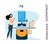 Self-service checkout. a woman is checking out goods at a self-service checkout. payment by card in the supermarket.Information poster in the store.