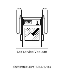 Self-service double vacuum cleaner for cleaning the car interior. Stationary vacuum system at gas station or self-service car wash. Line icon with text. Vector illustration for car cleaning business.