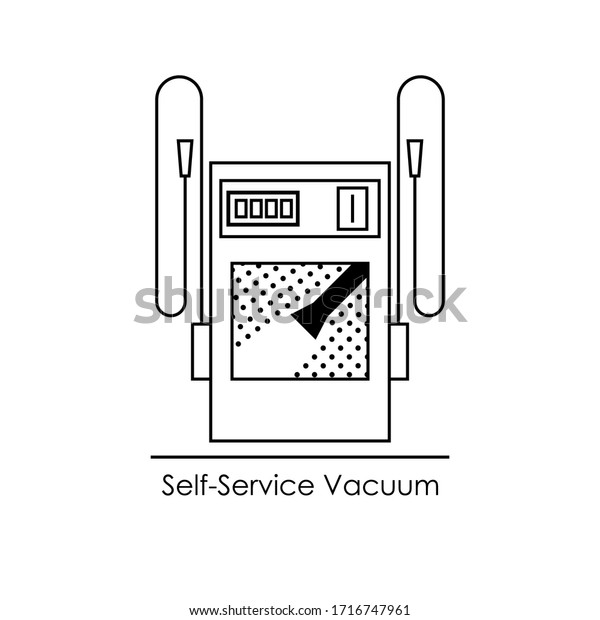 Self-service double vacuum cleaner for cleaning\
the car interior. Stationary vacuum system at gas station or\
self-service car wash. Line icon with text. Vector illustration for\
car cleaning\
business.