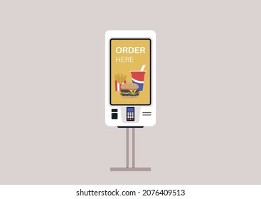 A self-service fast food order touchscreen, a digital menu isolated on a plain background