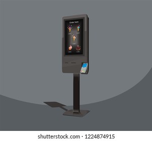 Self-service floor kiosk for fast food, payment terminal, vector design