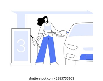 Self-service gas station abstract concept vector illustration. Young woman refueling a car at the gas station, filling personal transport, car services, diesel and benzine abstract metaphor.