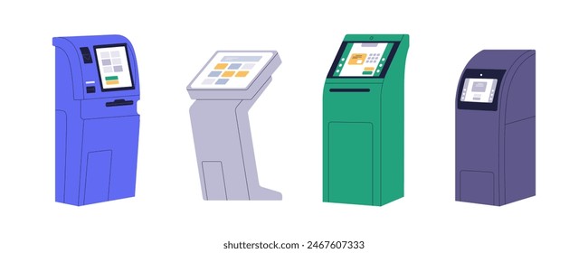 Conjunto de kioscos de autoservicio. Máquinas táctiles interactivas. Terminales de información, banca y venta de entradas. Cajero automático, sistemas electrónicos con pantallas. Ilustración vectorial plana aislada sobre fondo blanco