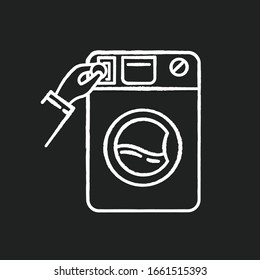 Self-service laundry chalk white icon on black background. Laundromat, washateria, coin wash service, industrial laundry machine. Housework, chores. Isolated vector chalkboard illustration