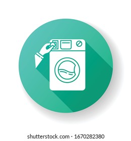 Self-service laundry green flat design long shadow glyph icon. Laundromat, washateria, commercial washer, coin wash service, industrial laundry machine. Silhouette RGB color illustration