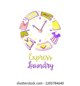 Self-service laundry logo. Bubble and clothes in clock. Freehand drawn template creative laundry logotype, label, badge. Eco, express, energy efficiency business. Vector illustration. 