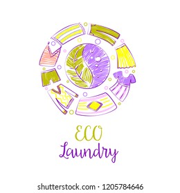 Self-service laundry logo. Bubble and clothes in circle. Freehand drawn template creative laundry logotype, label, badge. Eco, express, energy efficiency business. Vector illustration. 
