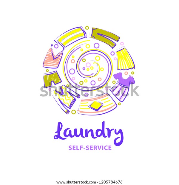 Selfservice Laundry Logo Freehand Drawn Template Stock Vector
