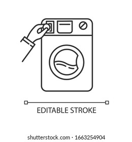 Self-service laundry pixel perfect linear icon. Laundromat, washateria, coin wash service. Thin line customizable illustration. Contour symbol. Vector isolated outline drawing. Editable stroke